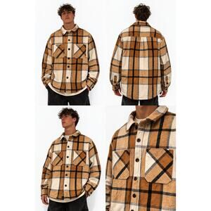 Brooklyn Cloth Brown White Black Plaid Jacket Sherpa Lined Button Men's M Casual